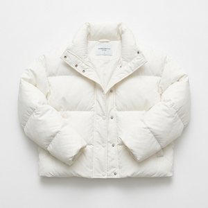 Chaqueta Acolchada Crema con Cuello Alto y Cierre de un Solo Botón, Chaqueta Corta de Invierno para Mujer, Color Sólido, Relleno de Poliéster - Product Image 5