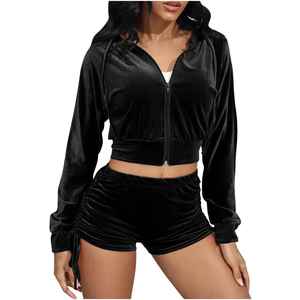 Ensemble deux pièces pour femme : sweat à capuche court et short cycliste, ensemble de survêtement zippé, survêtement de jogging d'été, vêtements de sport décontractés avec logo personnalisé - Product Image 1