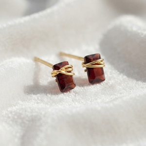 Ratnarachit Women's Minimalist Wire Wrapped Baguette Garnet <b>Stud</b> <b>Earrings</b> 6x4mm Gold Plated Sterling Silver Brass Gemstone - Product Image 5