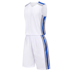 Ensemble short et maillot de basket personnalisé sublimé blanc bleu gris col en V sans manches anti-humidité pour homme adulte - Product Image 1