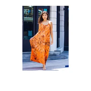 Women’s Orange Tie Dye Rayon Maxi Dress Sleeveless <b>Spaghetti</b> <b>Strap</b> Neck Bohemian Flowy Long Beachwear Dress - Product Image 5