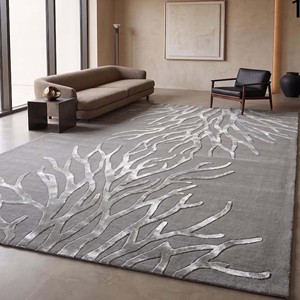 Alfombra de lujo gris y plateada con diseño de ramas, hecha a mano con lana y seda, moderna y de diseño, para sala de estar, dormitorio y decoración del hogar. - Product Image 1