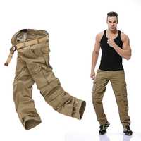 Celana Cargo Katun Pria, Model Longgar, Banyak Kantong, Gaya Workwear, Pinggang Elastis, Kancing Depan, Berat Sedang, Kasual Musim Semi, Tenun Datar