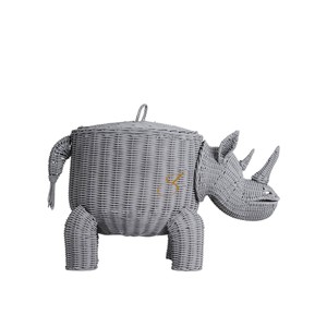 Rhino Rattan Storage <b>Basket</b> <b>with</b> <b>Lid</b> Grey Woven Animal Shaped Toy Organizer Bin Cute Rhinoceros Nursery Hamper - Product Image 4