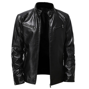 <b>Men</b> <b>Black</b> PU Leather Moto Jacket Stand Collar Zipper Closure Slim Fit Regular Length Solid Color Winter Wear - Product Image 1