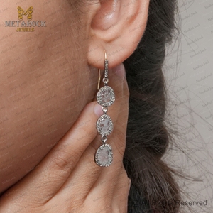 Pendientes Colgantes Victorianos de Plata 925 Oxidada con Diamantes Naturales Pavé y Diamantes Polki, Joyería Fina Hecha a Mano al por Mayor - Product Image 5