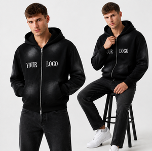 Nouveau sweat à capuche zippé vintage délavé au soleil, en coton épais et molleton lourd, coupe oversize 2026 - Product Image 2