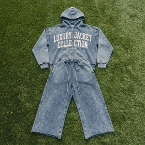 Ensemble de survêtement vintage délavé à l'acide avec pantalon assorti, comprenant un sweat à capuche zippé et un pantalon de jogging - Product Image 1