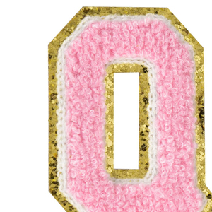 Patch lettre O en chenille rose avec bordure dorée scintillante, qualité supérieure personnalisée, appliqué thermocollant pour vêtements et accessoires - Product Image 3