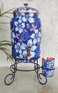 Distributeur d'eau en cuivre, design floral bleu, avec bordure et support en cuivre, distributeur d'eau froide pour la maison - Product Image 3
