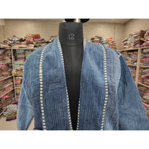 Blazer en velours côtelé bleu pour femme, col châle, manches trois quarts, longueur courte, couleur unie, vêtement d'automne, cadeau pour elle - Product Image 4