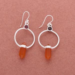 Natural Carnelian & Garnet 925 Sterling <b>Silver</b> Geometric Hoop Drop <b>Earrings</b> Handmade Hexagonal Crystal <b>Dangle</b> <b>Earrings</b> for Wom - Product Image 2