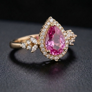 Bague de déclaration rose vif fantaisie, taille poire, double halo, accent de taille marquise, motif feuilles, sertie à griffes, en or jaune, pour fiançailles et mariage - Product Image 3