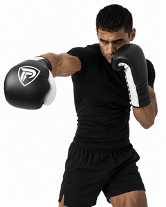 Guantes de Boxeo Dumela International Personalizados de Cuero Negro con Cordones Blancos y Logotipo, Alta Calidad, Verticales, Profesionales, Portátiles - Product Image 3