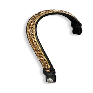 Bandeau de tête pour cheval en cuir véritable noir, personnalisé, à trois rangées de cristaux dorés brillants, strass et diamants, forme vague. - Product Image 2