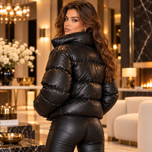<b>Women</b>’s Genuine Leather Puffer <b>Jacket</b> Black <b>Winter</b> <b>Warm</b> Fashion Coat Custom <b>Winter</b> Damen Lederjacke OEM Wholes Fashion Wears - Product Image 1