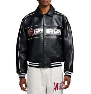 <b>Men</b> Avirex Letterman Varsity PU Leather Bomber <b>Jacket</b> Vintage <b>Baseball</b> Collar Zipper Waterproof Embroidered Front Logo Winter - Product Image 5