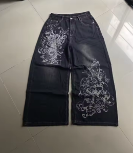 Jean décontracté noir délavé à grandes imprimées style Harajuku pour homme, coupe droite taille haute, jambe large, style Y2K Dark Rock Hip Hop Joker - Product Image 1