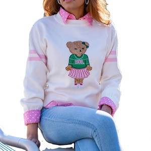 Pull en tricot pour femme à manches longues, style preppy personnalisé de haute qualité, avec broderie de patch en chenille motif ours, pour l'hiver - Product Image 1