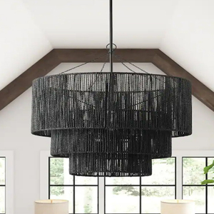 Farmhouse Matte Black <b>Rope</b> Paper Craft Pendant <b>Light</b> Hand-Woven Hanging Lamp - Product Image 6