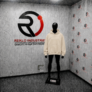เสื้อฮู้ดดี้สีเบจทรงโอเวอร์ไซส์สำหรับผู้ชาย สไตล์สตรีทแวร์ ดีไซน์ตะเข็บโค้ง ไหล่ตก ทรงลำลอง แฟชั่นเสื้อฮู้ดมีฮู้ด - Product Image 3