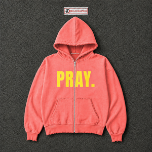 Sudadera con capucha extragrande rosa coral con estampado gráfico de oración y letras amarillas, estilo urbano, unisex, informal, para hombre - Product Image 5