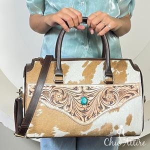 Sacs de voyage en cuir de vachette de qualité supérieure, personnalisés, style western, grande capacité, motif floral, pierre turquoise, sac à main de voyage - Product Image 1