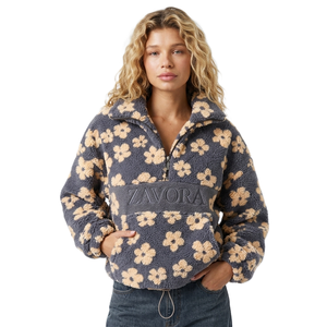<b>Women</b> Floral Sherpa Pullover <b>Women</b> Half Zip Stand Collar Custom Varsity Embroidery Fluffy <b>Teddy</b> Fleece <b>Hoodies</b> Private Label OEM - Product Image 6