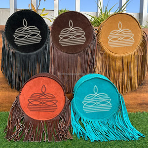 Bolso bandolera redondo con flecos de cuero de gamuza hecho a mano para mujer, monederos circulares de cuero genuino y bolsos de moda - Product Image 4