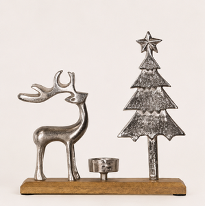 Silver Metal Christmas Reindeer And Pine <b>Tree</b> Tealight Candle Holder With Natural Wooden Base Modern <b>Tabletop</b> Holiday Decoration - Product Image 3