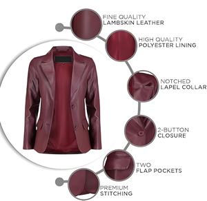 Chaquetas de Mujer al por Mayor de Alta Calidad, Blazer de Cuero Borgoña, Chaqueta Casual de Cuero Genuino OEM para Mujer, Mangas Largas, Logotipo Personalizado - Product Image 5