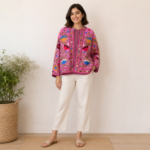 Buy Suzani Embroidered Knitted Velvet <b>Quilted</b> Reversible Bomber Jacket Eco-Friendly Windproof Vintage Hippie Style Pink - Product Image 3