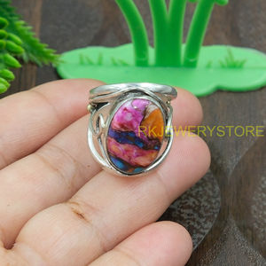 Anillo de Turquesa Rosa Ostra, Plata de Ley 925 y Latón, Anillo de Declaración, Anillo con Piedra Rosa, Joyería de Turquesa, Regalo Unisex - Product Image 6