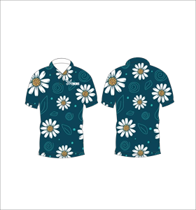 เสื้อโปโลลายดอกเดซี่สีเขียวอมฟ้า ลายดอกไม้สีขาว ลายดอกสีเหลืองตรงกลาง แขนสั้น ลำลองสำหรับฤดูร้อน มุมมองด้านหน้าและด้านหลัง - Product Image 4