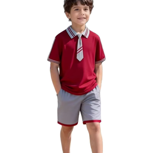 Stylish Boys' Spring and Summer Casual Short-Sleeve TEE and Shorts Set with Exquisite Button and Bow Tie Jersey Material - Product Image 1