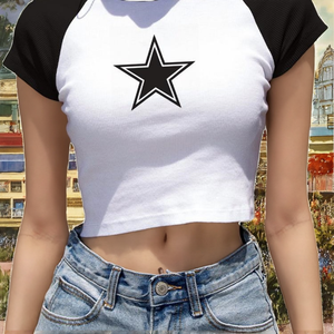 Top de Punto de Algodón/Spandex para Mujer, Estilo Casual Europeo Americano, Sexy, con Estampado de Pentagrama, Cuello Redondo, Manga Corta, Ropa de Calle de Verano - Product Image 3