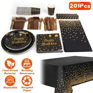 Set di stoviglie monouso in oro nero 201 pezzi per 25 ospiti 9 once tazze cannucce tovaglioli forchette coltelli tovaglia per feste di compleanno - Product Image 1