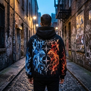 Men's <b>Black</b> <b>Hoodie</b> Ice Fire Dragon Print Oversized Streetwear Sweatshirt Cotton Pullover Custom Embroidery <b>Hoodie</b> Wholesale - Product Image 5
