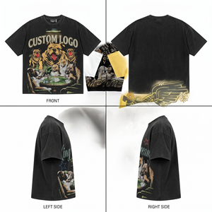 OEM Custom Vintage Acid Wash Rhinestone <b>Animal</b> Print Casual Graphic T-Shirt <b>Men's</b> Heavyweight 100% Cotton Regular Fit Streetwear - Product Image 3
