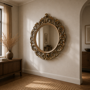 Antique Luxury Handmade Art Deco Carved Wooden Wall Mirror with Gold Beveled Edge Frame Round Decor for Home or Hotel - Product Image 6