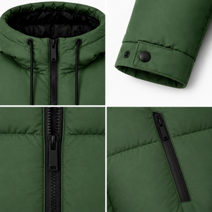 Blouson d'hiver matelassé premium pour homme, capuche réfléchissante intégrée, noir, poches zippées, extérieur lisse, rembourrage chaud, style streetwear moderne - Product Image 4