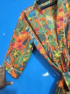 เสื้อคลุมกิโมโนผ้าฝ้ายลายดอกไม้สไตล์โบฮีเมียนเสื้อคลุมอาบน้ำพิมพ์ลายบล็อกยาวน้ำหนักเบาเสื้อคลุมเลานจ์ผูกเอวชุดคลุมสำหรับใส่ในรีสอร์ท - Product Image 3