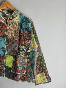 Veste en coton patchwork bohème avec col mandarin, manches longues, fermeture boutonnée, vêtement d'extérieur décontracté pour femme, cadeau pour elle - Product Image 5