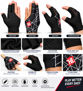 Gant de billard pour main gauche, motif quadrillé noir et blanc, impression par sublimation, main droite unisexe, 3 doigts, pour snooker et sports de billard - Product Image 3