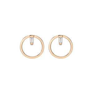 Pendientes de aro pequeños minimalistas de oro macizo de 10K, 14K, 18K con diamante de laboratorio talla baguette en círculo abierto para uso diario de mujer - Product Image 1