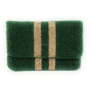 Luxury Handmade <b>Green</b> Beaded Foldable Clutch Bag Gold Stripes Magnetic Closure Designer Women's Evening Crossbody <b>Purse</b> Chain - Product Image 4