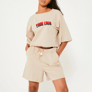 2026 Luxury Custom Logo Wholesale Womens Breathable Spandex/Cotton Crew Neck Crop Top Short Sleeve Sweatshirt <b>Set</b> - Product Image 1