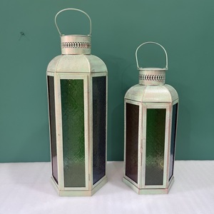 Vintage Iron <b>Lantern</b> <b>Set</b> of 2 with Colored Glass Handmade Candle <b>Lantern</b> for Ramadan Eid Home Wedding Decor - Product Image 1