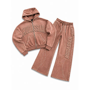 Men Hooded Tracksuit <b>Set</b> 100% Cotton Acid Washed Embossed 450 Gsm Loose Fit Rhinestone Cropped <b>Joggers</b> Casual Wear - Product Image 1
