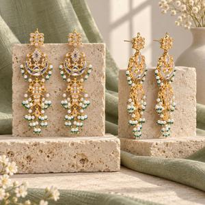 Gold Plated Long Kundan Style <b>Chandelier</b> Earrings with <b>Green</b> Beads and Faux Pearls Bridal Jewelry Manufacturer Bulk Supply - Product Image 4